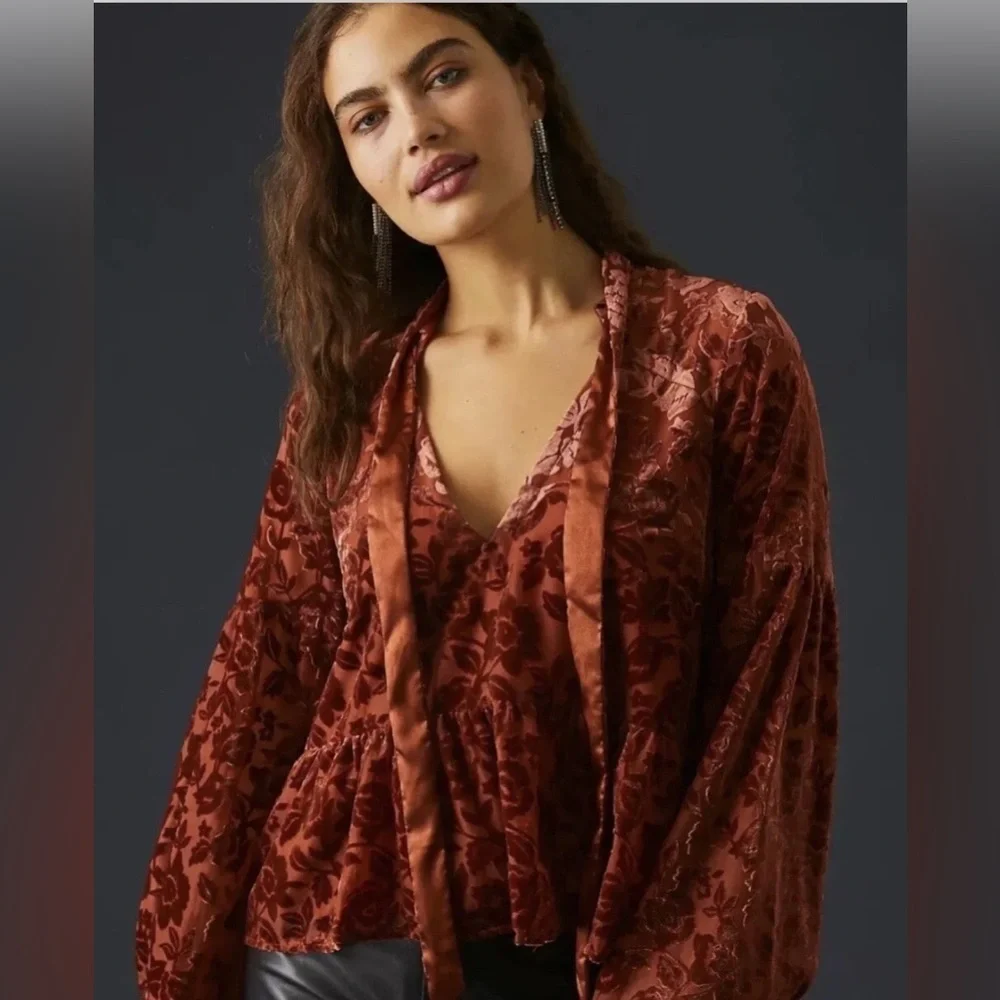 Anthropologie Rust Red Velvet Tie Front Blouse with Relaxed Sleeves - Picture 9 of 10
